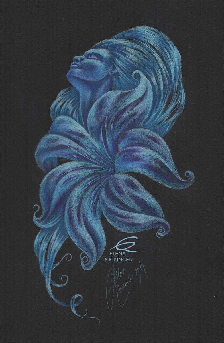 03 Drawing Colour Pencil Black Elena Rockinger Blue Flower S