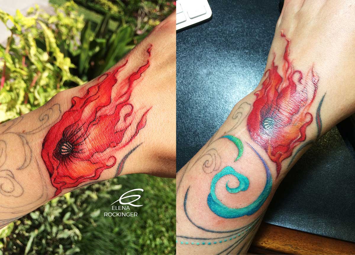 20 Tattoo Freeflow Hand Poppy Filigree Red Turquoise Elena Rockinger S