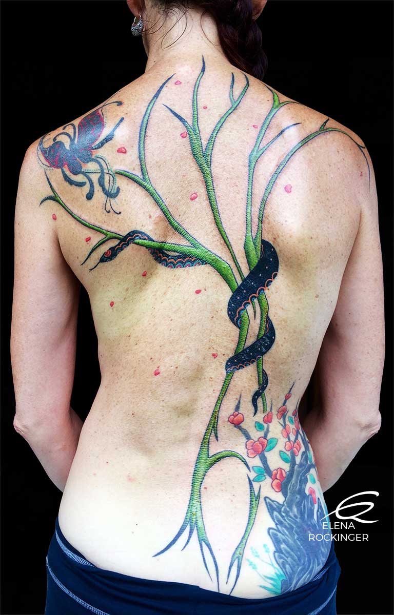 23 Tattoo Back Tree Snake Butterfly Colours Petals Elena Rockinger S