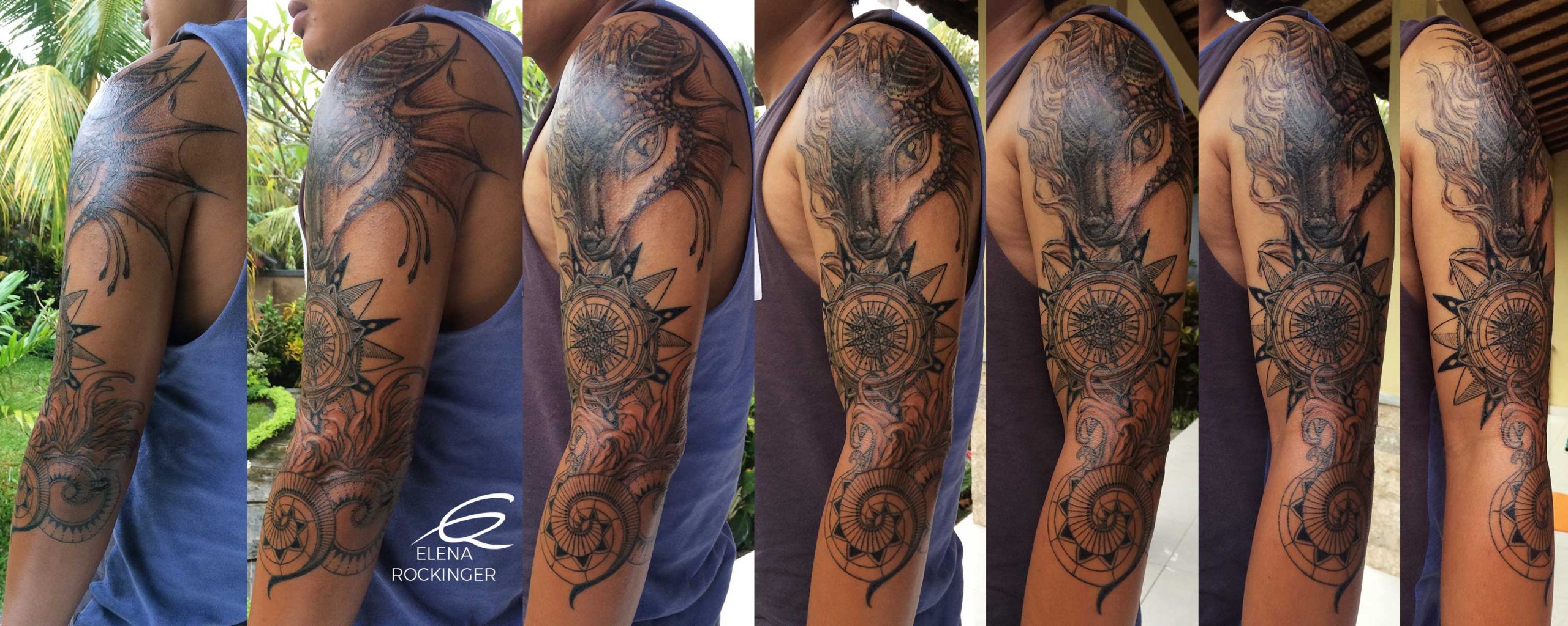 26b Tattoo Arm Dragon Mandala Compass Spiral Sleeve Elena Rockinger S Scaled